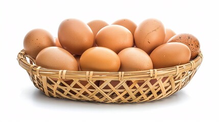 4. Fresh chicken eggs arranged in a woven bamboo basket, isolated on a white background with clipping path, focusing on the textures of the bamboo and the smoothness of the eggs
