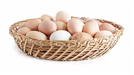 4. Fresh chicken eggs arranged in a woven bamboo basket, isolated on a white background with clipping path, focusing on the textures of the bamboo and the smoothness of the eggs
