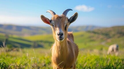 A goat with an exaggerated expression munches on grass in a scenic field, providing a light-hearted and amusing backdrop with rolling hills and a clear horizon.