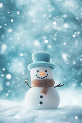 Fototapeta premium Festive snowman wearing a blue hat and scarf in a snowy landscape. The design captures the essence of winter joy and celebration with a focus on the snowman's happy expression.