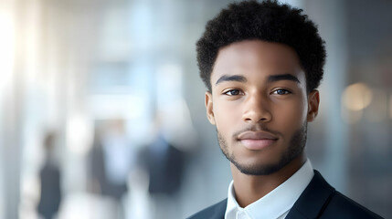 Fototapeta premium A young man in a suit, smiling confidently in a modern setting.