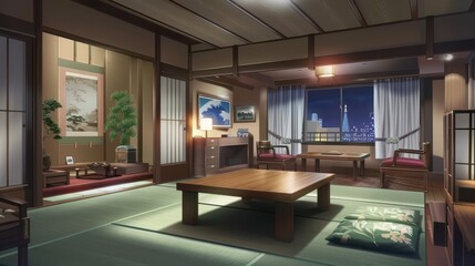 Fototapeta premium This inviting hotel interior showcases traditional decor with tatami mats, wooden furniture, and beautiful city views, perfect for relaxation