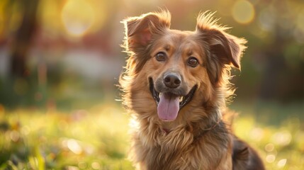 Obraz premium A happy brown dog with a fluffy tail and perky ears enjoys a day out in a sunlit park, surrounded by greenery.