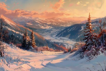 Mountain winter landscape sunset view from hill to valley