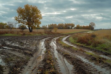 Muddy field in autumn with wheel tracks in cloudy off road terrain
