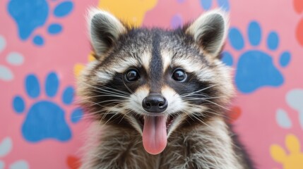 Obraz premium A raccoon sticking its tongue out with a cheeky grin, against a playful background of colorful, exaggerated paw prints and playful doodles.