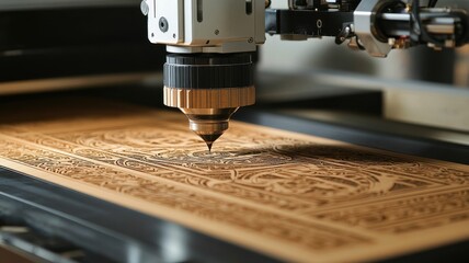 A close-up of a CNC router carving intricate designs on a wooden panel, showcasing precision and craftsmanship in woodworking.