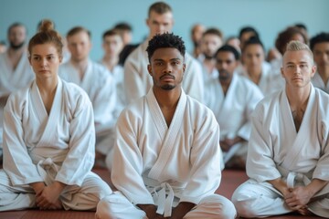 Multinational martial artists in white kimonos kneeling on tatami in gym