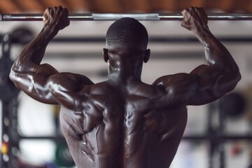 Muscular African man performing pull ups at the gym