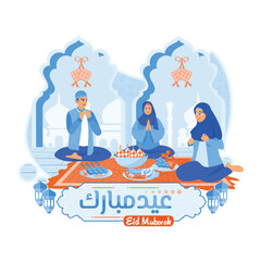 Muslim family celebrating Eid. Eating ketupat together during Eid al-Fitr. Happy Eid Mubarak concept. Flat vector illustration.