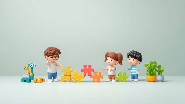 Three playful children engage in creative building with colorful puzzle pieces in a cheerful indoor setting.