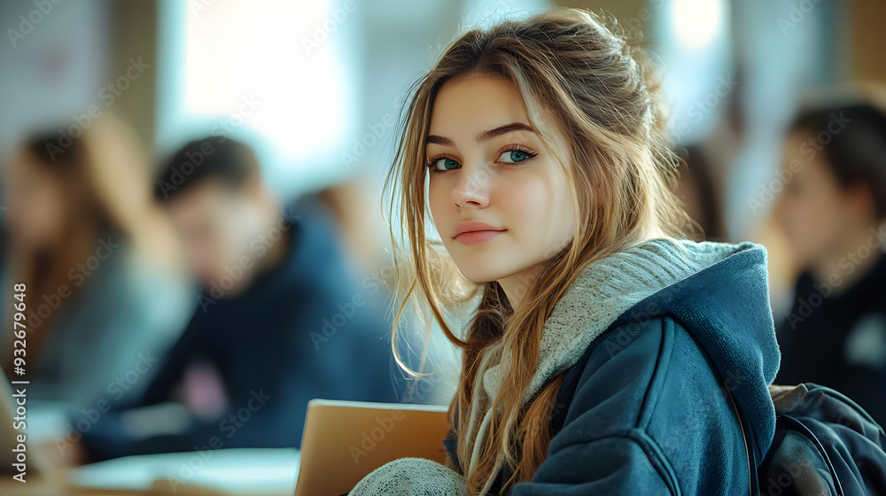 Canvas Prints A young woman in a classroom, engaged and thoughtful.