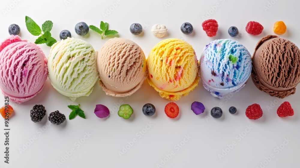 Poster a selection of colorful ice cream scoops arranged in a row on a plain background, each with differen