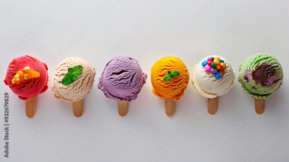 Poster a selection of colorful ice cream scoops arranged in a row on a plain background, each with differen