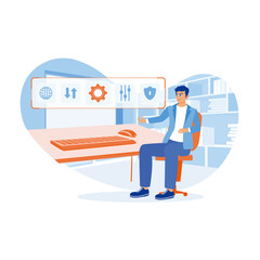 Young businessman working with mouse and keyboard. Analyze and develop business solutions on virtual screens. Business analysis instruments concept. Flat vector illustration.