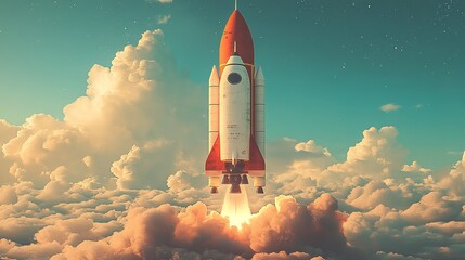 Obraz premium Digital illustration of a rocket on a neon color background