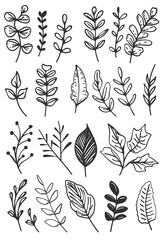 Fototapeta premium Collection of minimalist linear black icons featuring leaves and branches on a clean white background, perfect for nature, ecology, and environmental themes.