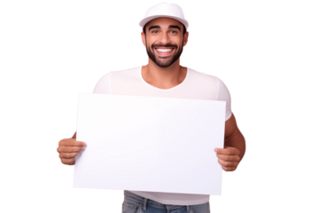 Bearded man in hat holds white sign on transparent background.