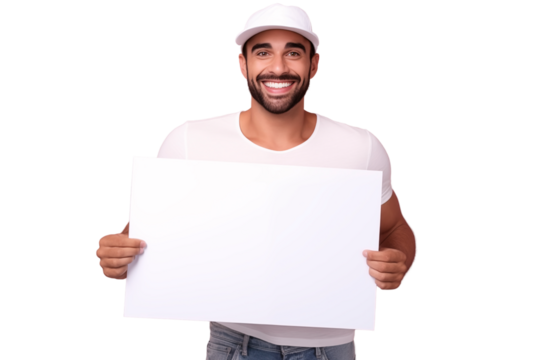 Bearded man in hat holds white sign on transparent background.