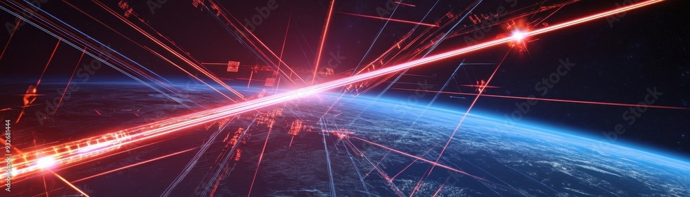 Poster a dynamic digital representation of laser beams piercing through space, creating a futuristic and vi
