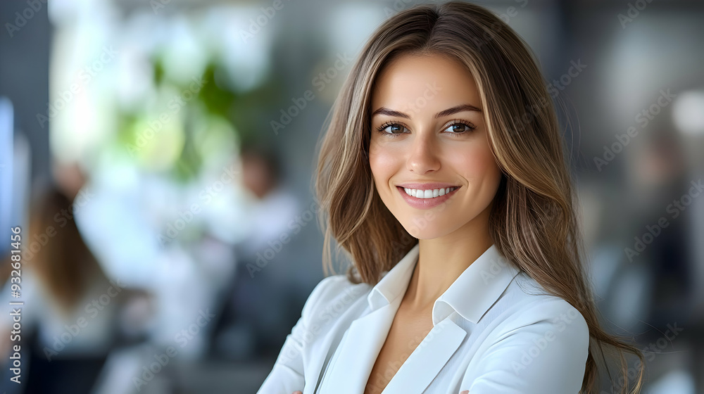 Poster A young woman smiling confidently in a professional setting.