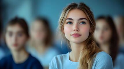 Fototapeta premium A young woman smiling in a classroom setting with peers behind her.