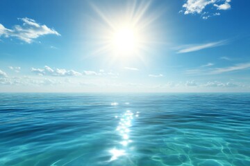 Obraz premium Serene Ocean Scene with Clear Blue Waters and Bright Sun, Reflecting Light with White Clouds in the Sky