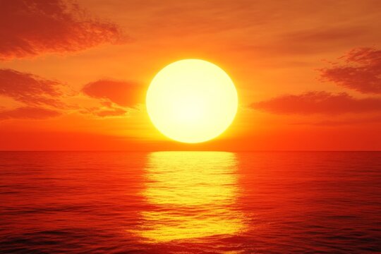 3D Rendering of a Red Sunset Over the Sea with Orange Sky and Reflections, Evoking Tranquility and Serenity