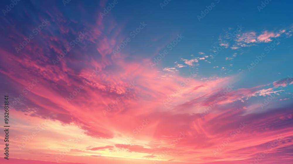 Poster A stunning gradient of sunset colors spreads across the sky, with deep reds and soft pinks blending seamlessly into the twilight blue.