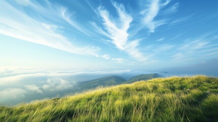 A sweeping view of a grassland on the mountaintop, with wispy clouds adding a gentle touch to the expansive sky above.