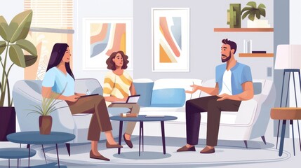 Three People Sitting on a Sofa and Talking.
