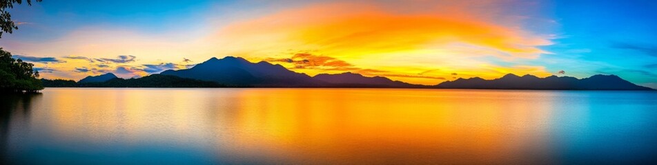 Fototapeta premium Panoramic Sunrise Over Island with Mountains in Thailand Reflecting Vibrant Colors on Calm Waters, Peaceful Natural Beauty Scene