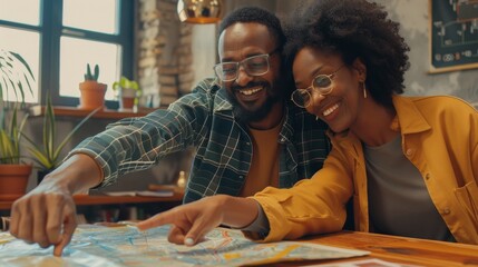 Happy Couple Planning Vacation, Looking at Map, Travel.