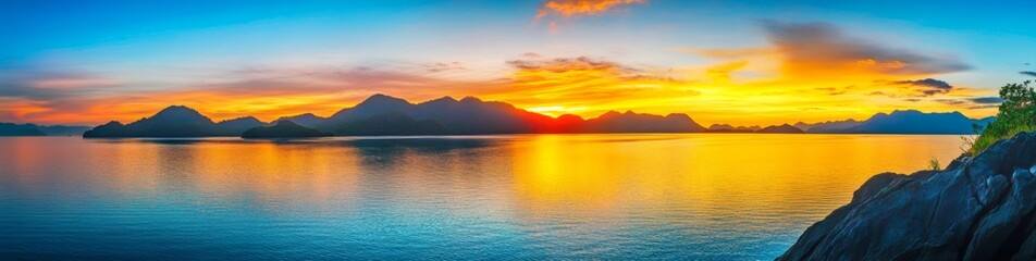 Naklejka premium Panoramic Sunrise Over Island with Mountains in Thailand Reflecting Vibrant Colors on Calm Waters, Peaceful Natural Beauty Scene
