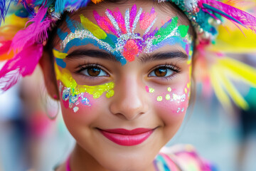 Close-up of a smiling girl with vibrant glitter face paint and colorful feathers, enjoying a festive celebration full of joy and creativity