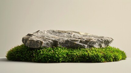 1. Flat stone platform on vibrant green moss, natural product display, rough textured rock, beige background, minimalist composition, earthy tones, organic shapes, zen garden aesthetic,