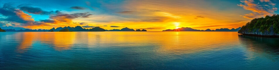 Obraz premium Panoramic Sunrise Over Island with Mountains in Thailand Reflecting Vibrant Colors on Calm Waters, Peaceful Natural Beauty Scene