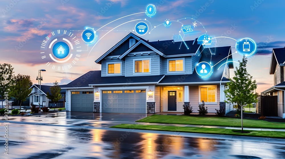 Poster modern suburban home with smart home technology integration displayed as icons. the house is illumin