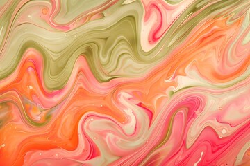 Obraz premium An abstract background with swirling patterns of pink, orange and green paint, resembling the colors found in marble