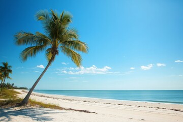 Obraz premium Serene Beach with Palm Tree, Clear Blue Sky, and Calm Ocean Waves, Capturing the Essence of Tranquil Summer Relaxation