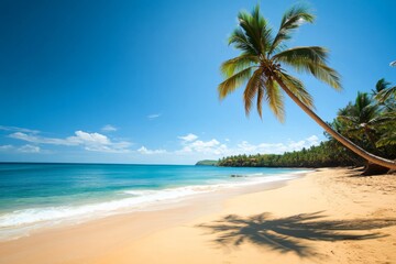 Serene Beach with Palm Tree, Clear Blue Sky, and Calm Ocean Waves, Capturing the Essence of Tranquil Summer Relaxation