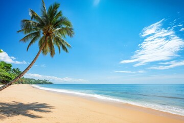 Serene Beach with Palm Tree, Clear Blue Sky, and Calm Ocean Waves, Capturing the Essence of Tranquil Summer Relaxation
