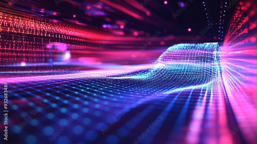 Poster a vibrant abstract representation of data flow, showcasing colorful waves and dynamic motion through
