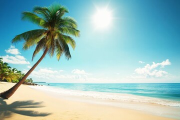 Obraz premium Serene Beach with Palm Tree, Clear Blue Sky, and Calm Ocean Waves, Capturing the Essence of Tranquil Summer Relaxation