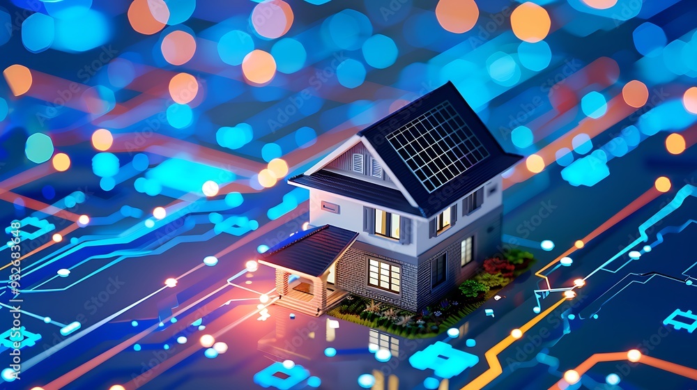 Poster small house model on a circuit board with a bokeh background representing smart home technology.
