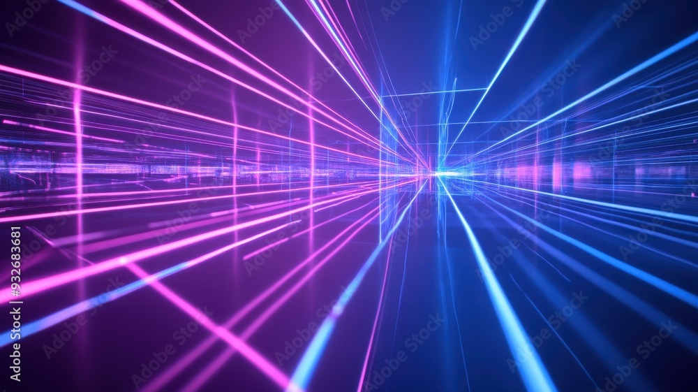 Poster a vibrant display of neon light beams creating a dynamic abstract background, ideal for technology a