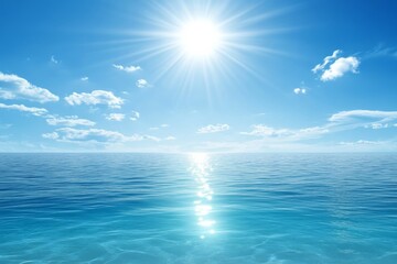 Serene Ocean with Clear Blue Waters and Bright Sunlight, Reflecting Light on the Horizon with Scattered White Clouds