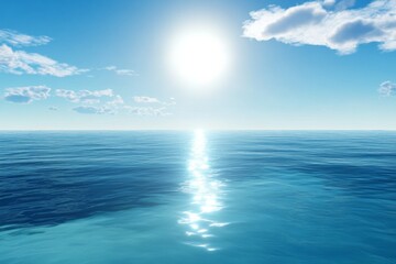 Obraz premium Serene Ocean with Clear Blue Waters and Bright Sunlight, Reflecting Light on the Horizon with Scattered White Clouds