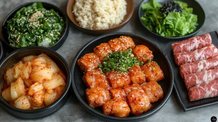 Variety of Korean BBQ dishes on a table including grilled meats, kimchi, leafy greens, rice, and various vegetable sides, top view