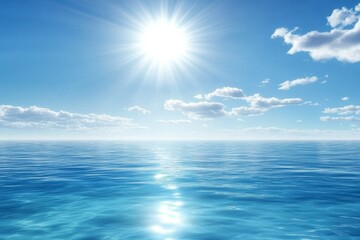 Serene Ocean with Clear Blue Waters and Bright Sunlight, Reflecting Light on the Horizon with Scattered White Clouds